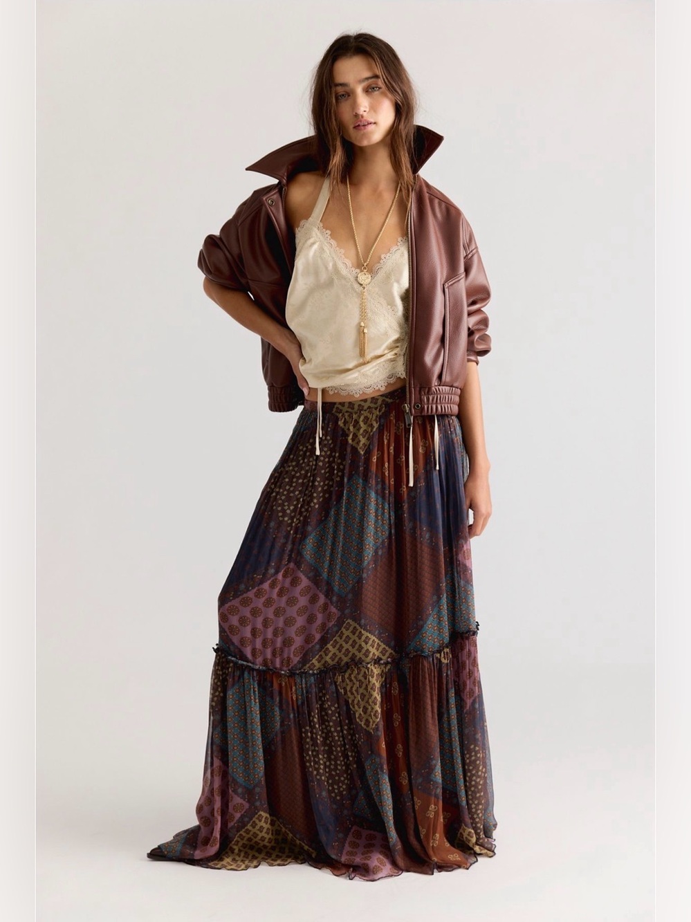 Free People Single Whip Printed Maxi Skirt Patchwork Plaid Size 8